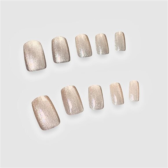 24Pcs Luxury Press On Fake Nails Sparkly Champagne Cat's Eye Design False Nails - Picture 3 of 6